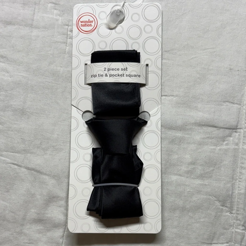 Wonder Nation Boys' Black Zip‎ Tie & Pocket Square 2-Piece Formal Set NWT